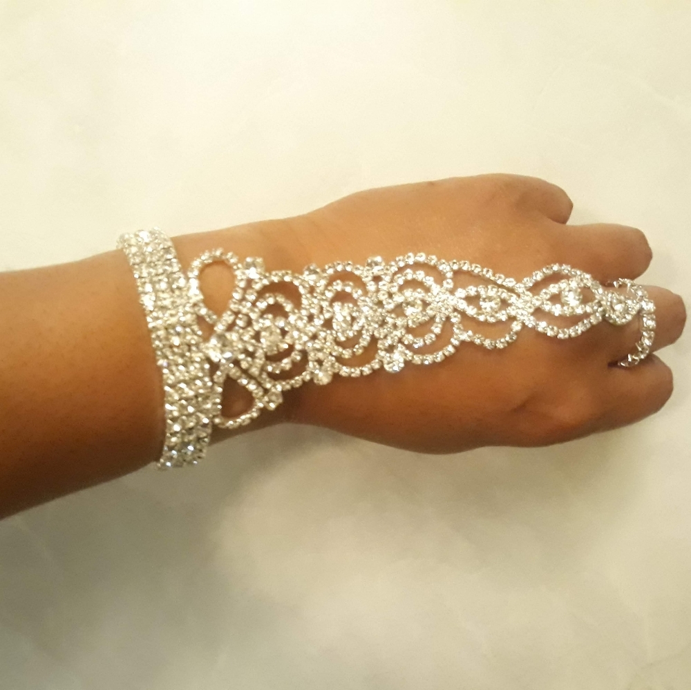 Silver Rhinestone Stretch Hand Chain Attached Ring